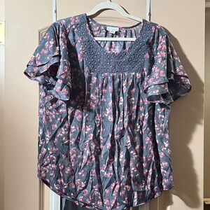 Liz Claiborne Gray Floral Crochet Yoke Peasant Top with Pink Blossoms